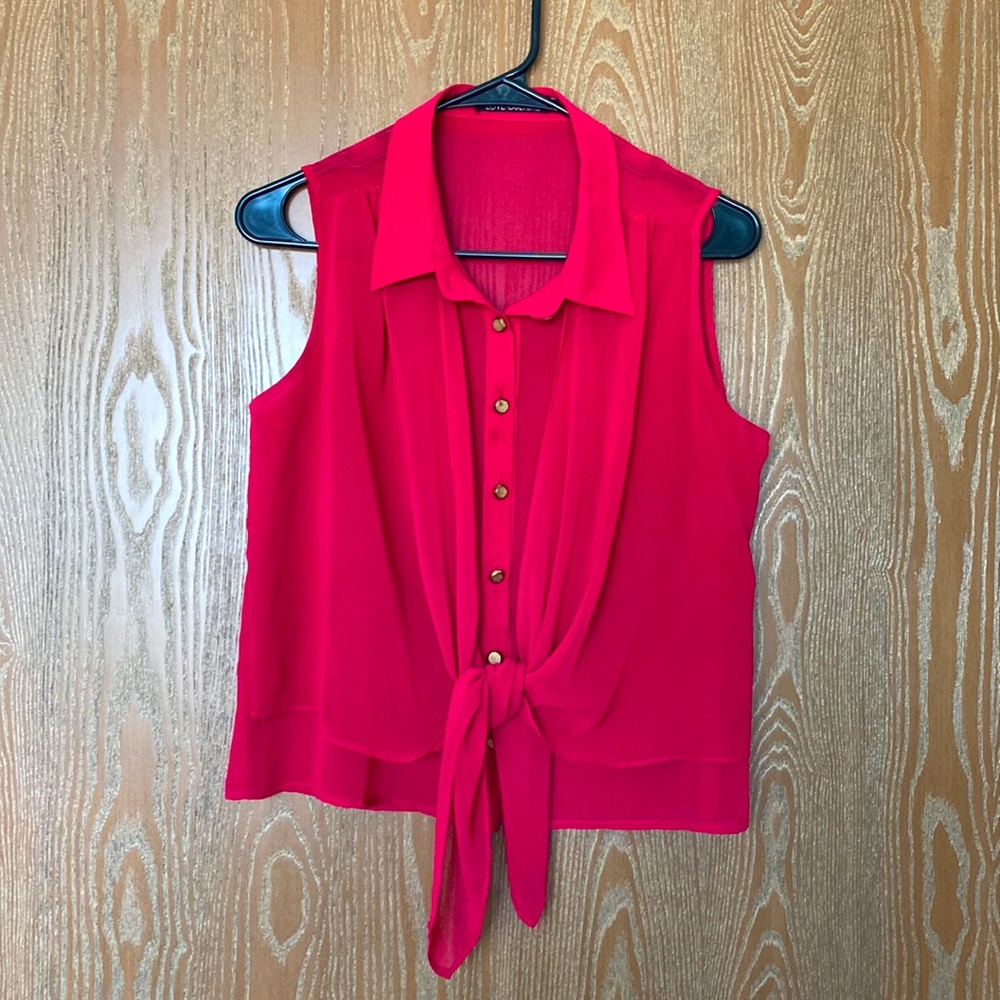 Pink button-up tank top with tie in front